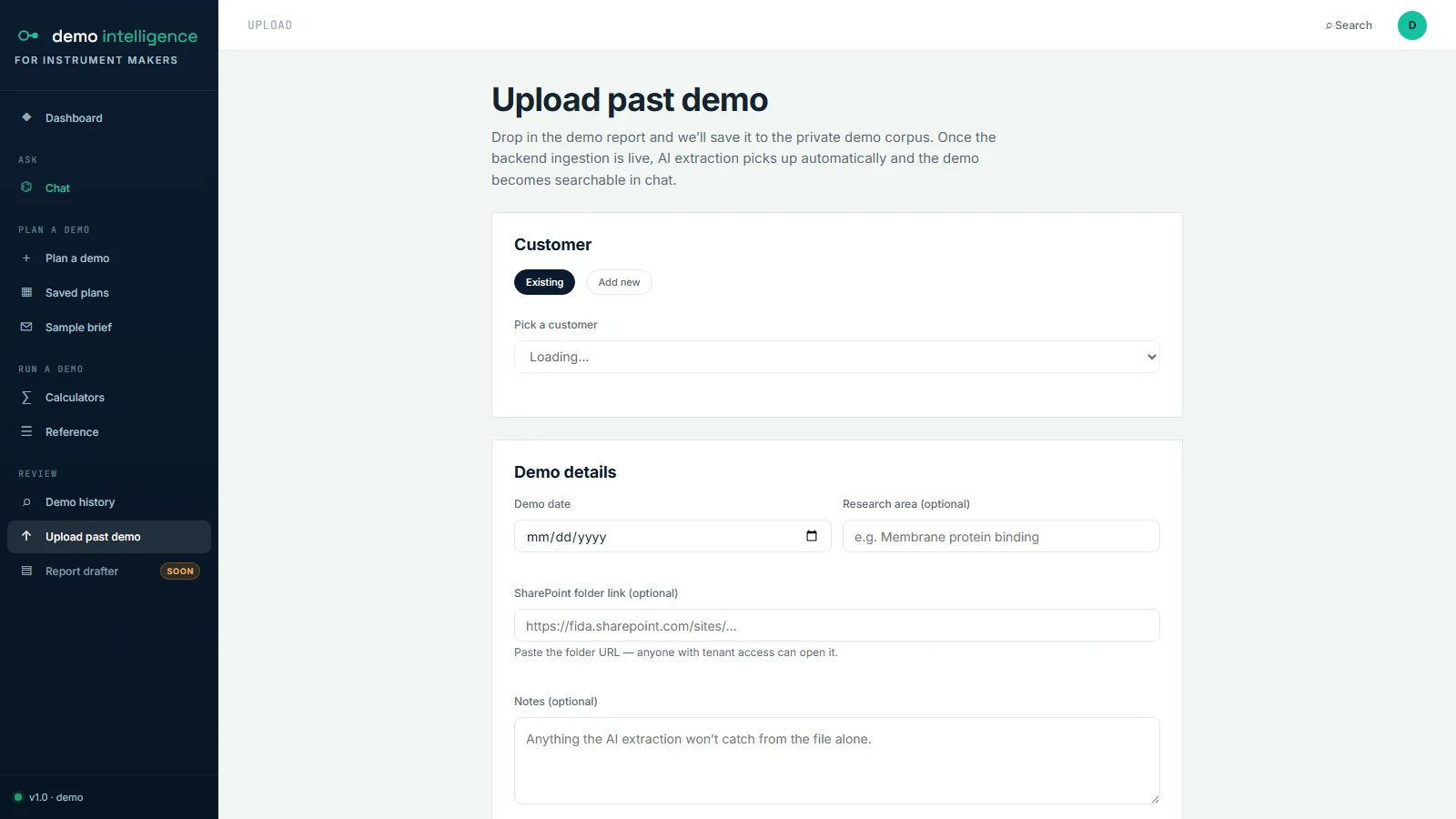 Demo Intelligence — upload a past demo to the private corpus