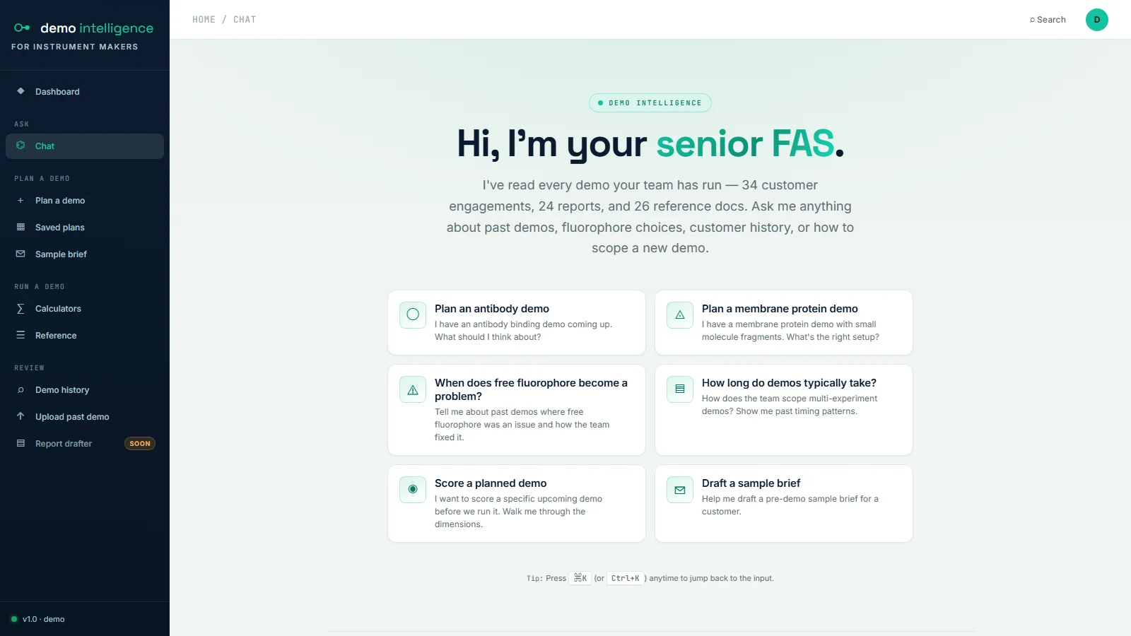 Demo Intelligence chat — a senior FAS that has read every past demo