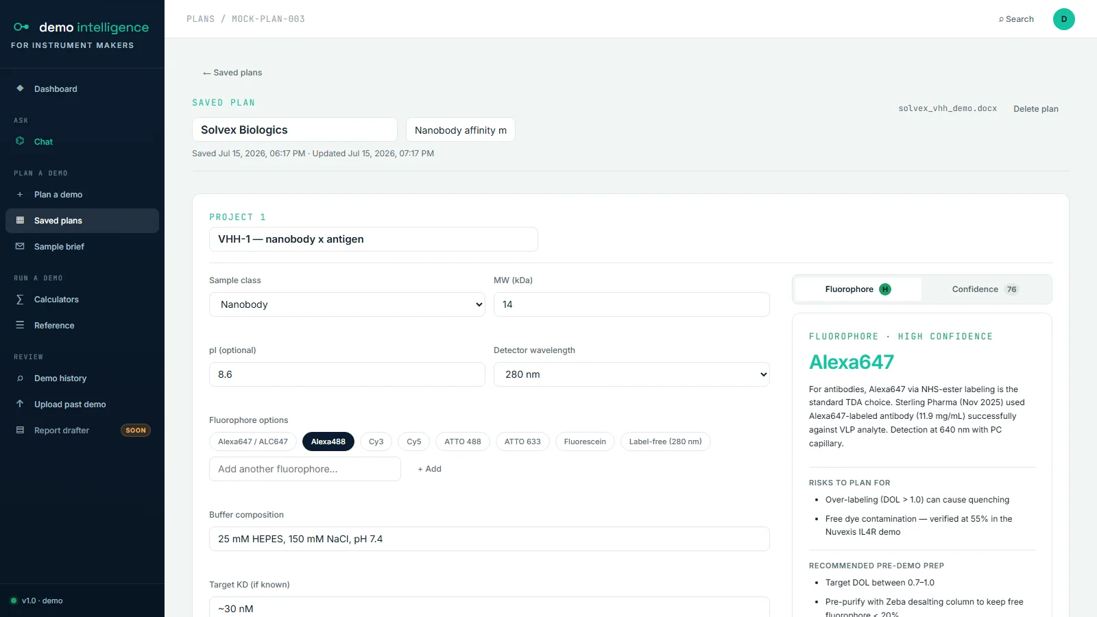 Demo Intelligence plan — Alexa647 recommendation with confidence and risks